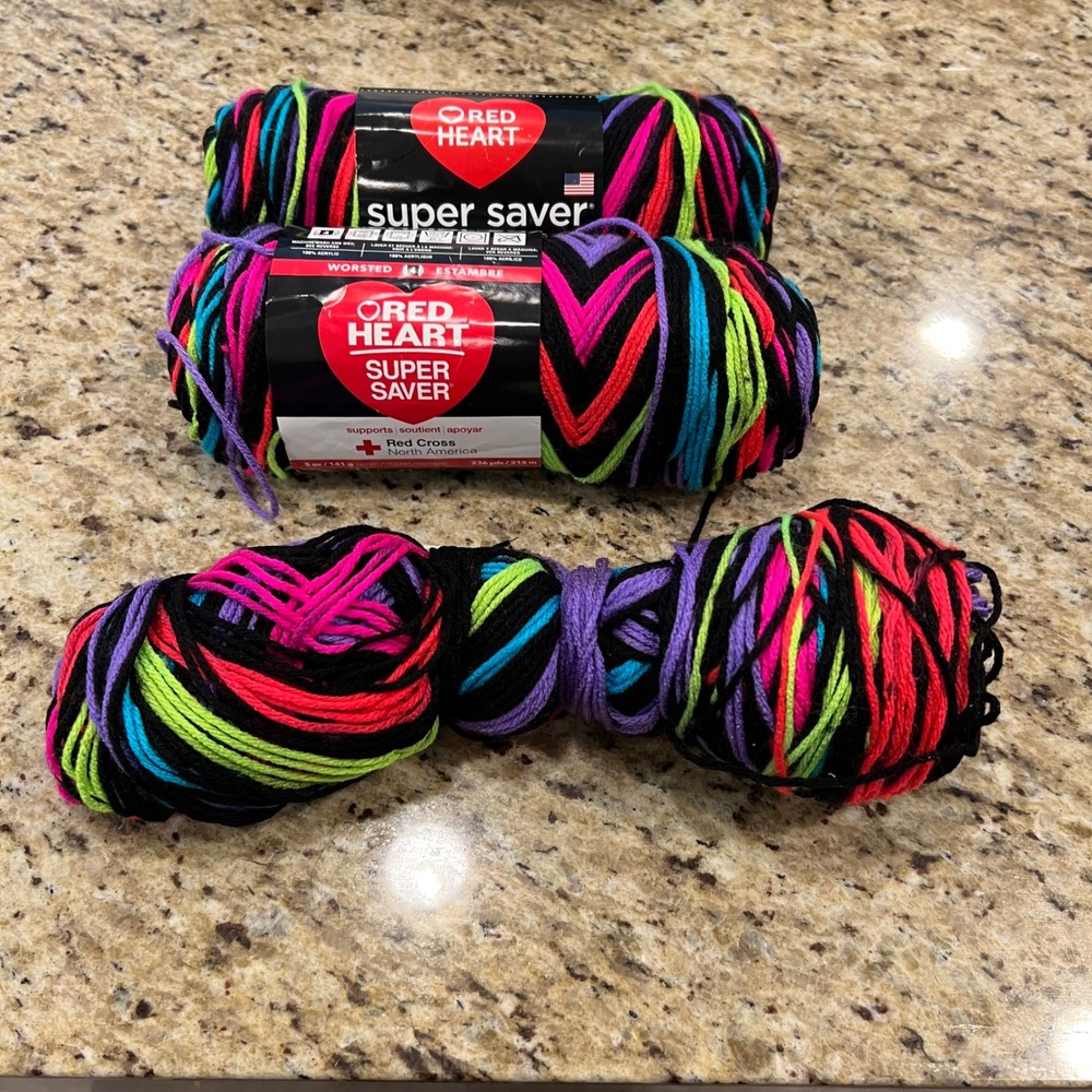 Red Heart Super Saver Yarn Neon Stripes 3957 Worsted 2 Full 1 Partial Skein Lot